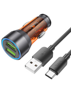 HOCO chargeur de voiture 2 x USB A + câble USB A vers Type C QC3.0 3A 36W NZ12 transpatent orange