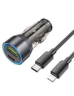 HOCO chargeur de voiture USB A + Type C + câble Type C vers Lightning PD QC3.0 3A 43W NZ12A transparent noir
