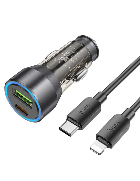HOCO chargeur de voiture USB A + Type C + câble Type C vers Lightning PD QC3.0 3A 43W NZ12A transparent noir