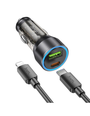 HOCO chargeur de voiture USB A + Type C + câble Type C vers Lightning PD QC3.0 3A 43W NZ12A transparent noir