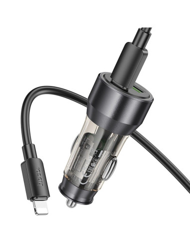 HOCO chargeur de voiture USB A + Type C + câble Type C vers Lightning PD QC3.0 3A 43W NZ12A transparent noir