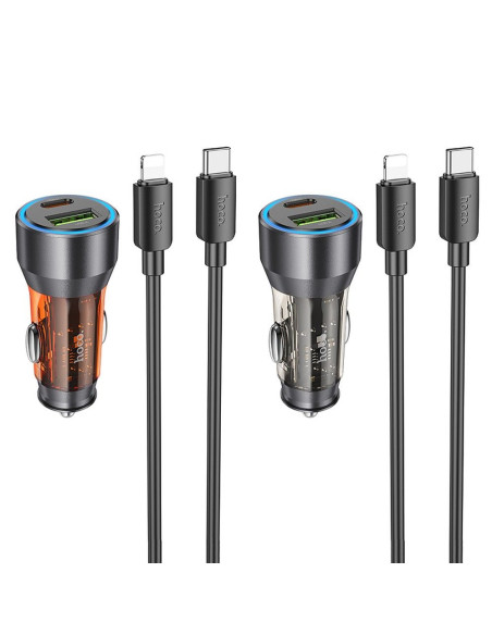 HOCO chargeur de voiture USB A + Type C + câble Type C vers Lightning PD QC3.0 3A 43W NZ12A transparent noir