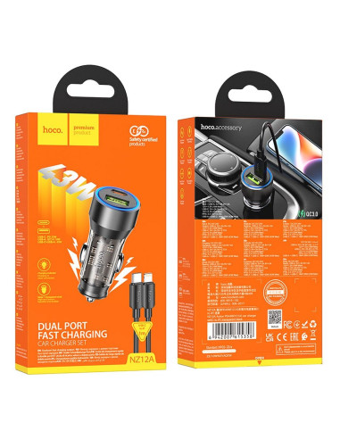 HOCO chargeur de voiture USB A + Type C + câble Type C vers Lightning PD QC3.0 3A 43W NZ12A transparent noir