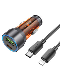 HOCO chargeur de voiture USB A + Type C + câble Type C vers Lightning PD QC3.0 3A 43W NZ12A transparent orange