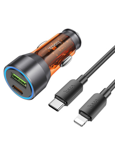 HOCO chargeur de voiture USB A + Type C + câble Type C vers Lightning PD QC3.0 3A 43W NZ12A transparent orange