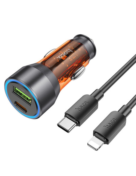 HOCO chargeur de voiture USB A + Type C + câble Type C vers Lightning PD QC3.0 3A 43W NZ12A transparent orange