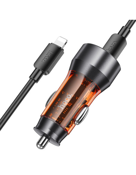 HOCO chargeur de voiture USB A + Type C + câble Type C vers Lightning PD QC3.0 3A 43W NZ12A transparent orange