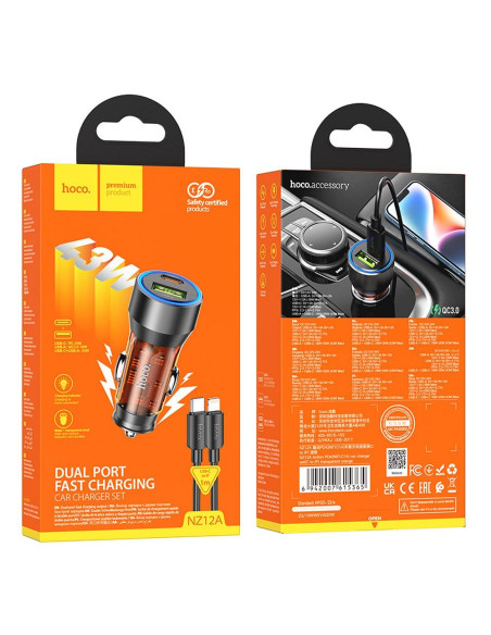 HOCO chargeur de voiture USB A + Type C + câble Type C vers Lightning PD QC3.0 3A 43W NZ12A transparent orange