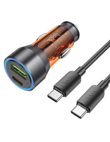 HOCO chargeur de voiture USB A + Type C + câble Type C vers Type C PD QC3.0 3A 43W NZ12A transparent orange