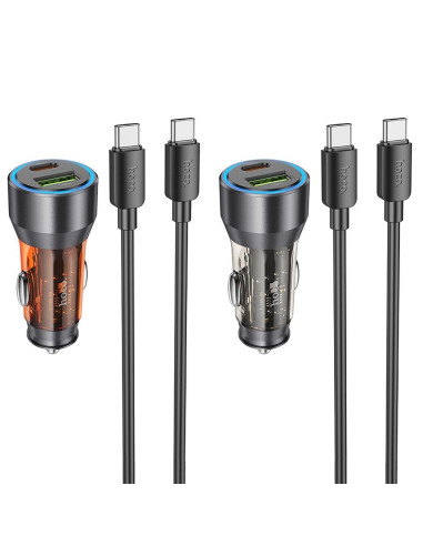 HOCO chargeur de voiture USB A + Type C + câble Type C vers Type C PD QC3.0 3A 43W NZ12A transparent orange
