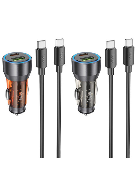HOCO chargeur de voiture USB A + Type C + câble Type C vers Type C PD QC3.0 3A 43W NZ12A transparent orange