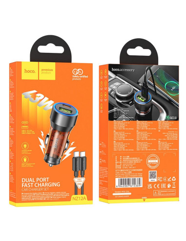 HOCO chargeur de voiture USB A + Type C + câble Type C vers Type C PD QC3.0 3A 43W NZ12A transparent orange