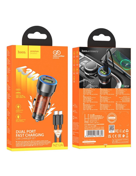 HOCO chargeur de voiture USB A + Type C + câble Type C vers Type C PD QC3.0 3A 43W NZ12A transparent orange