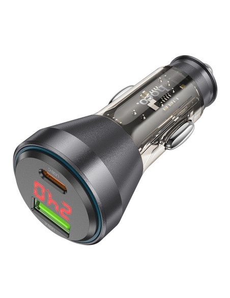 HOCO Chargeur de voiture USB A + Type C avec écran PD QC3.0 3A 48W NZ12B transparent noir