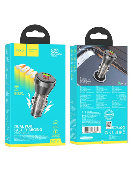 HOCO Chargeur de voiture USB A + Type C avec écran PD QC3.0 3A 48W NZ12B transparent noir