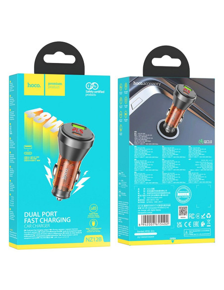 HOCO Chargeur de voiture USB A + Type C avec écran PD QC3.0 3A 48W NZ12B transparent orange