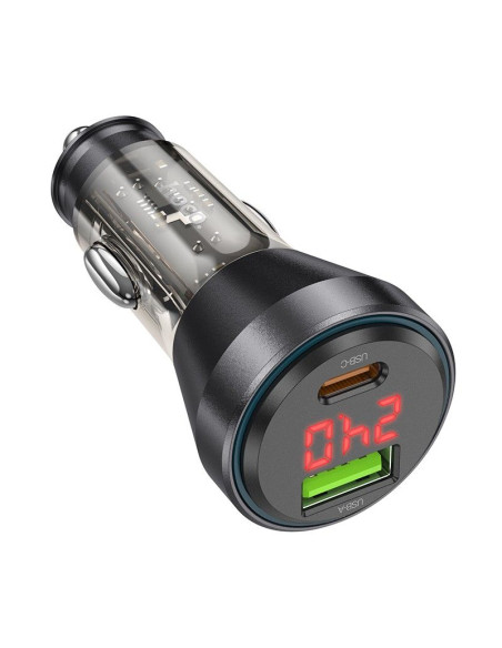 HOCO Chargeur de voiture USB A + Type C avec écran + câble Type C vers Lightning PD QC3.0 3A 48W NZ12B transparent noir