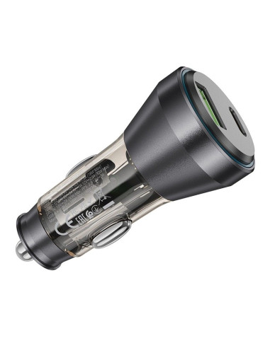 HOCO Chargeur de voiture USB A + Type C avec écran + câble Type C vers Lightning PD QC3.0 3A 48W NZ12B transparent noir