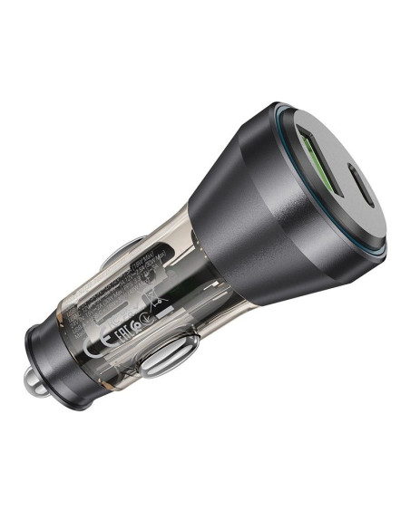 HOCO Chargeur de voiture USB A + Type C avec écran + câble Type C vers Lightning PD QC3.0 3A 48W NZ12B transparent noir