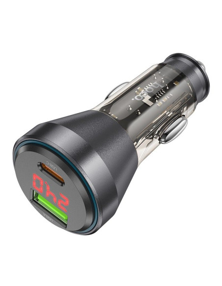HOCO Chargeur de voiture USB A + Type C avec écran + câble Type C vers Lightning PD QC3.0 3A 48W NZ12B transparent noir