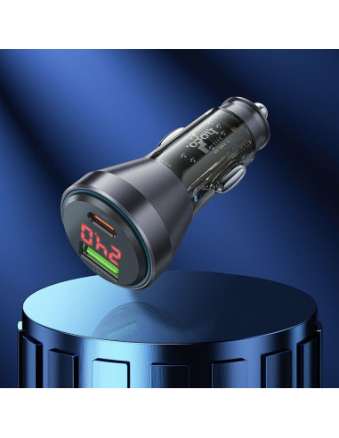 HOCO Chargeur de voiture USB A + Type C avec écran + câble Type C vers Lightning PD QC3.0 3A 48W NZ12B transparent noir