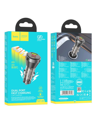 HOCO Chargeur de voiture USB A + Type C avec écran + câble Type C vers Lightning PD QC3.0 3A 48W NZ12B transparent noir