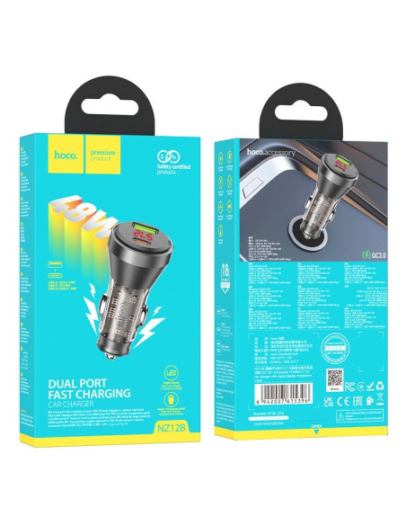 HOCO Chargeur de voiture USB A + Type C avec écran + câble Type C vers Lightning PD QC3.0 3A 48W NZ12B transparent noir
