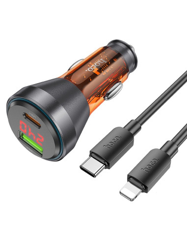 HOCO chargeur de voiture USB A + Type C avec écran + câble Type C vers Lightning PD QC3.0 3A 48W NZ12B transparent orange