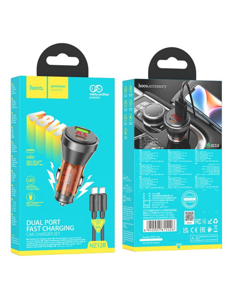 HOCO chargeur de voiture USB A + Type C avec écran + câble Type C vers Lightning PD QC3.0 3A 48W NZ12B transparent orange