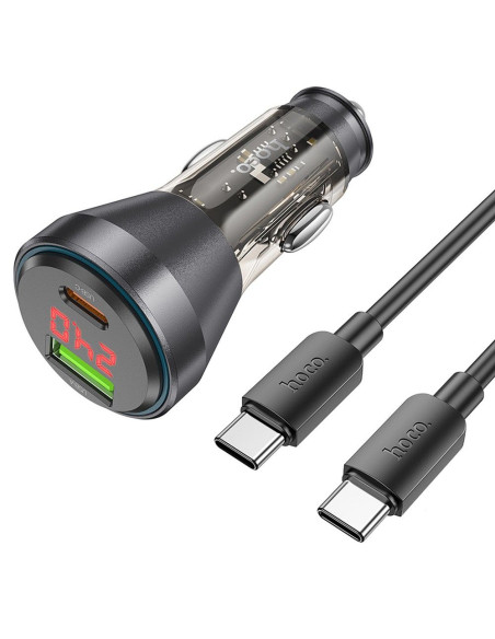 HOCO Chargeur de voiture USB A + Type C avec écran + câble Type C vers Type C PD QC3.0 3A 48W NZ12B transparent noir