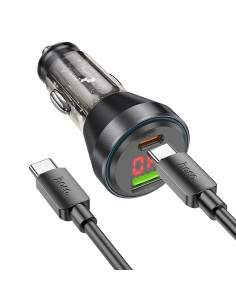 HOCO Chargeur de voiture USB A + Type C avec écran + câble Type C vers Type C PD QC3.0 3A 48W NZ12B transparent noir 2