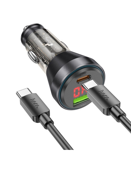 HOCO Chargeur de voiture USB A + Type C avec écran + câble Type C vers Type C PD QC3.0 3A 48W NZ12B transparent noir