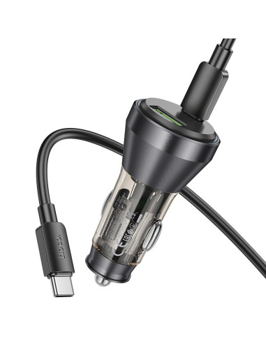 HOCO Chargeur de voiture USB A + Type C avec écran + câble Type C vers Type C PD QC3.0 3A 48W NZ12B transparent noir