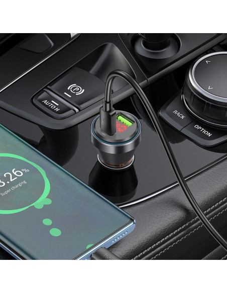 HOCO Chargeur de voiture USB A + Type C avec écran + câble Type C vers Type C PD QC3.0 3A 48W NZ12B transparent noir