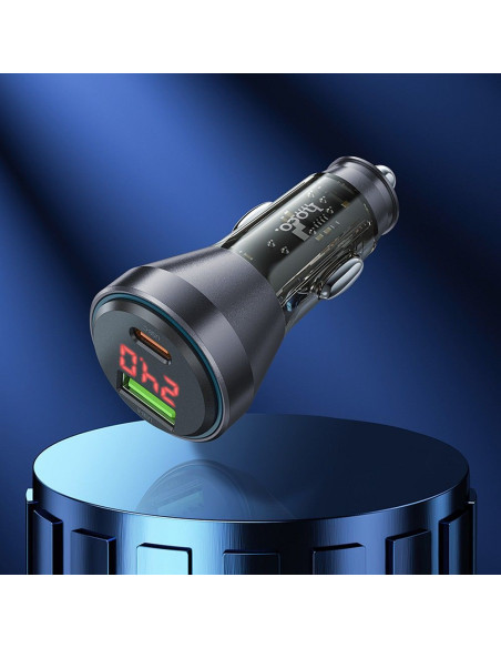 HOCO Chargeur de voiture USB A + Type C avec écran + câble Type C vers Type C PD QC3.0 3A 48W NZ12B transparent noir