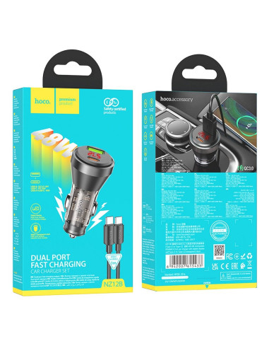 HOCO Chargeur de voiture USB A + Type C avec écran + câble Type C vers Type C PD QC3.0 3A 48W NZ12B transparent noir