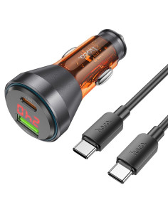 HOCO Chargeur de voiture USB A + Type C avec écran + câble Type C vers Type C PD QC3.0 3A 48W NZ12B transparent orange