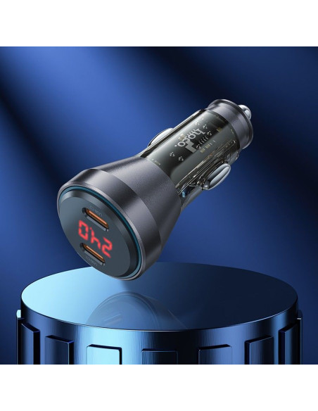 Chargeur de voiture HOCO 2 x Type C avec écran PD QC3.0 3A 60W NZ12C transparent noir