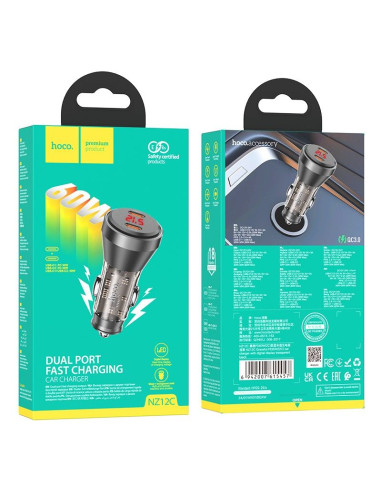 Chargeur de voiture HOCO 2 x Type C avec écran PD QC3.0 3A 60W NZ12C transparent noir