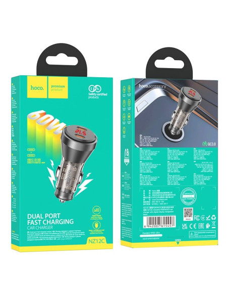 Chargeur de voiture HOCO 2 x Type C avec écran PD QC3.0 3A 60W NZ12C transparent noir