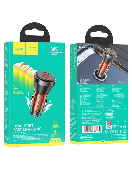 HOCO chargeur de voiture 2 x Type C avec écran PD QC3.0 3A 60W NZ12C transparent orange