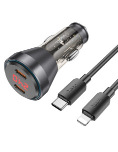 HOCO chargeur de voiture 2 x Type C avec écran + câble Type C vers Lightning PD QC3.0 3A 60W NZ12C transparent noir