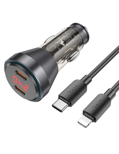 HOCO chargeur de voiture 2 x Type C avec écran + câble Type C vers Lightning PD QC3.0 3A 60W NZ12C transparent noir
