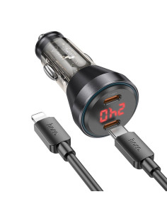 HOCO chargeur de voiture 2 x Type C avec écran + câble Type C vers Lightning PD QC3.0 3A 60W NZ12C transparent noir 2