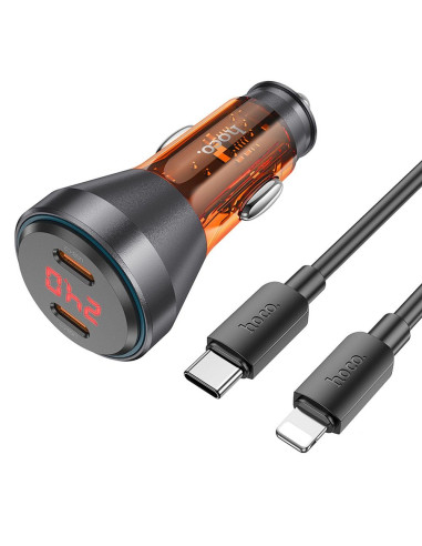 HOCO chargeur de voiture 2 x Type C avec écran + câble Type C vers Lightning PD QC3.0 3A 60W NZ12C transparent orange