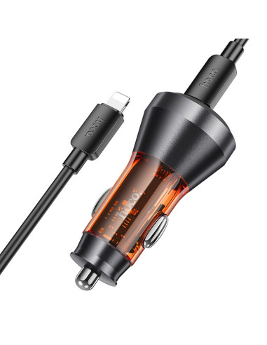 HOCO chargeur de voiture 2 x Type C avec écran + câble Type C vers Lightning PD QC3.0 3A 60W NZ12C transparent orange