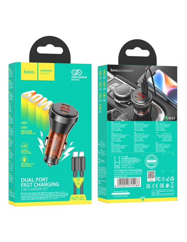 HOCO chargeur de voiture 2 x Type C avec écran + câble Type C vers Lightning PD QC3.0 3A 60W NZ12C transparent orange