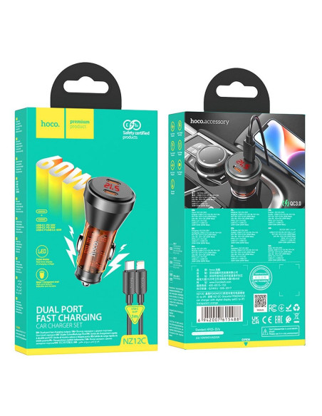 HOCO chargeur de voiture 2 x Type C avec écran + câble Type C vers Lightning PD QC3.0 3A 60W NZ12C transparent orange