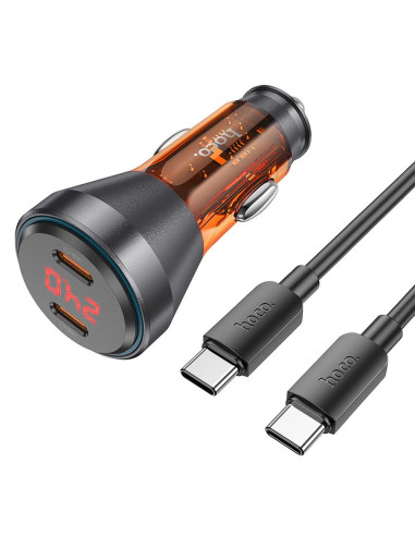 HOCO chargeur de voiture 2 x Type C avec écran + câble Type C vers Type C PD QC3.0 3A 60W NZ12C transparent orange