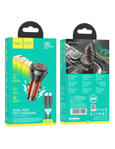 HOCO chargeur de voiture 2 x Type C avec écran + câble Type C vers Type C PD QC3.0 3A 60W NZ12C transparent orange